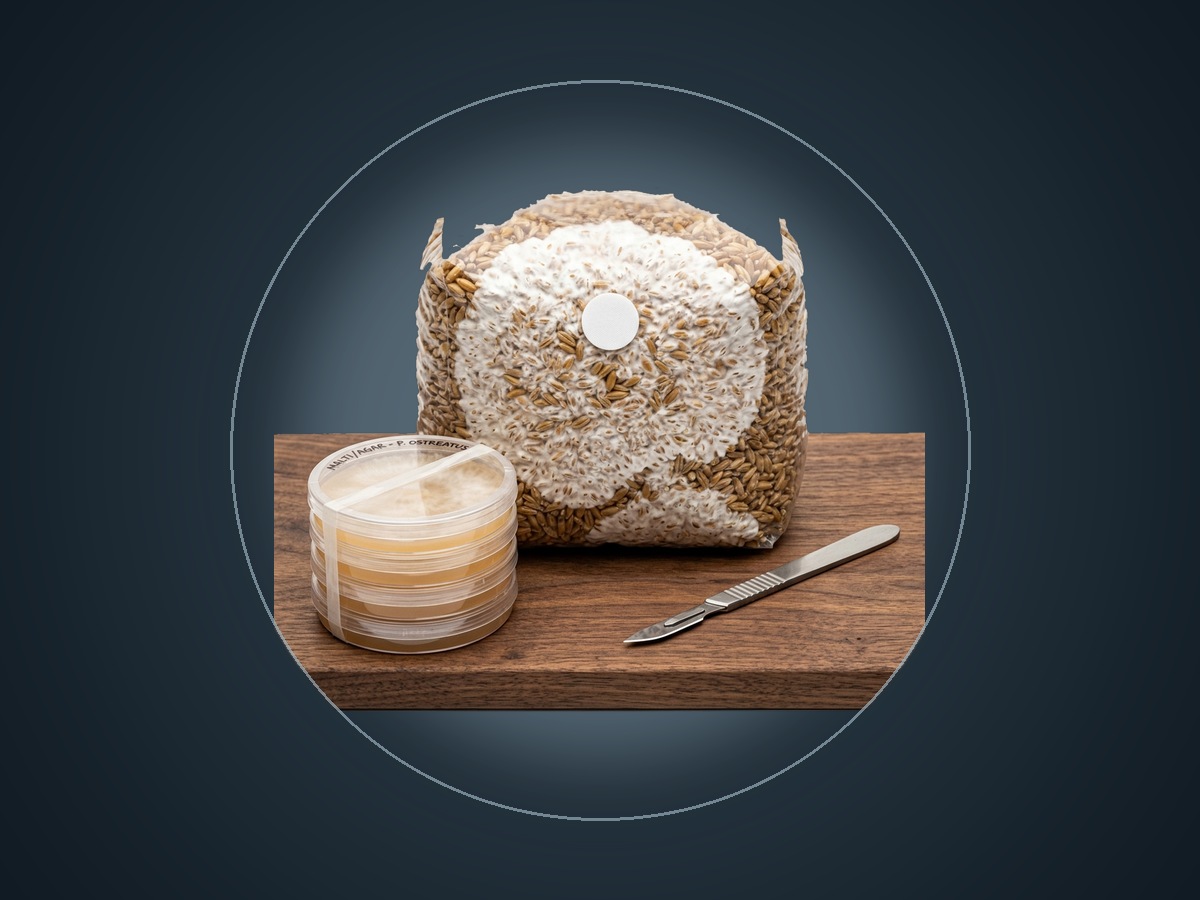 Cultivation Supplies: sterile grain spawn, pre-poured agar plates, and lab tools