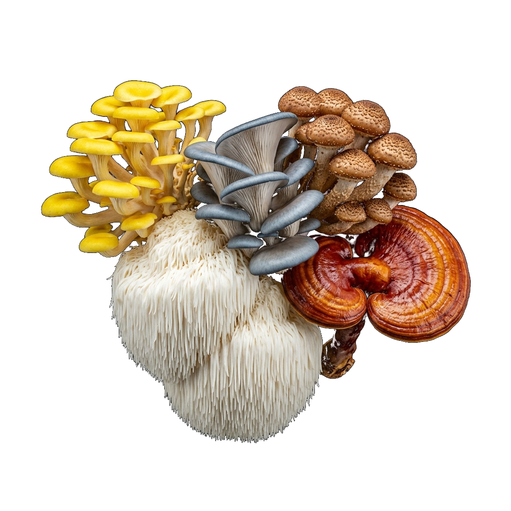 Group of gourmet and medicinal mushrooms: Golden Oyster, Lion's Mane, Blue Oyster, Chestnut, and Reishi